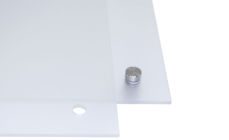 Frosted acrylic corner samples with standoffs and drilled holes